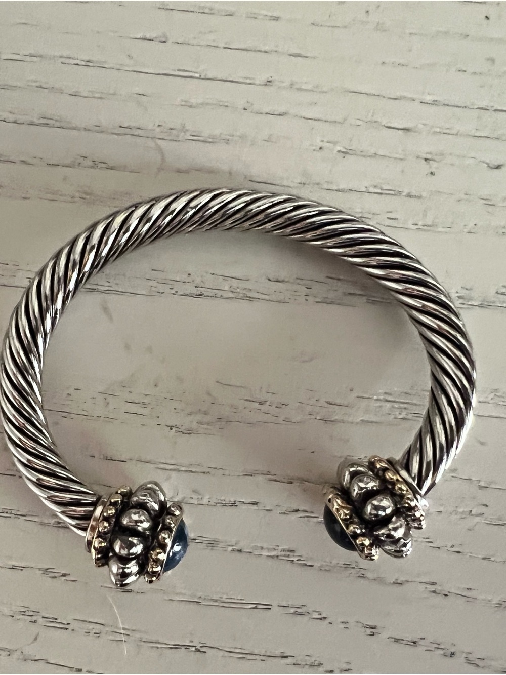 Sterling Silver Open Cuff Bracelet with Blue Stone Accents